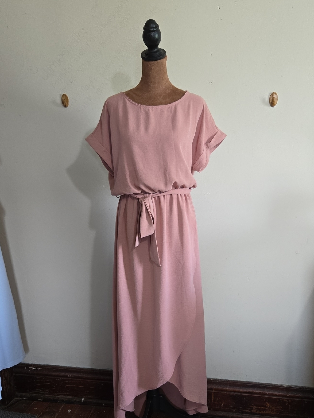 DR29 The Nines Faux Wrap Style Maxi Dress Elastic Tie Waist Asymmetrical Hem